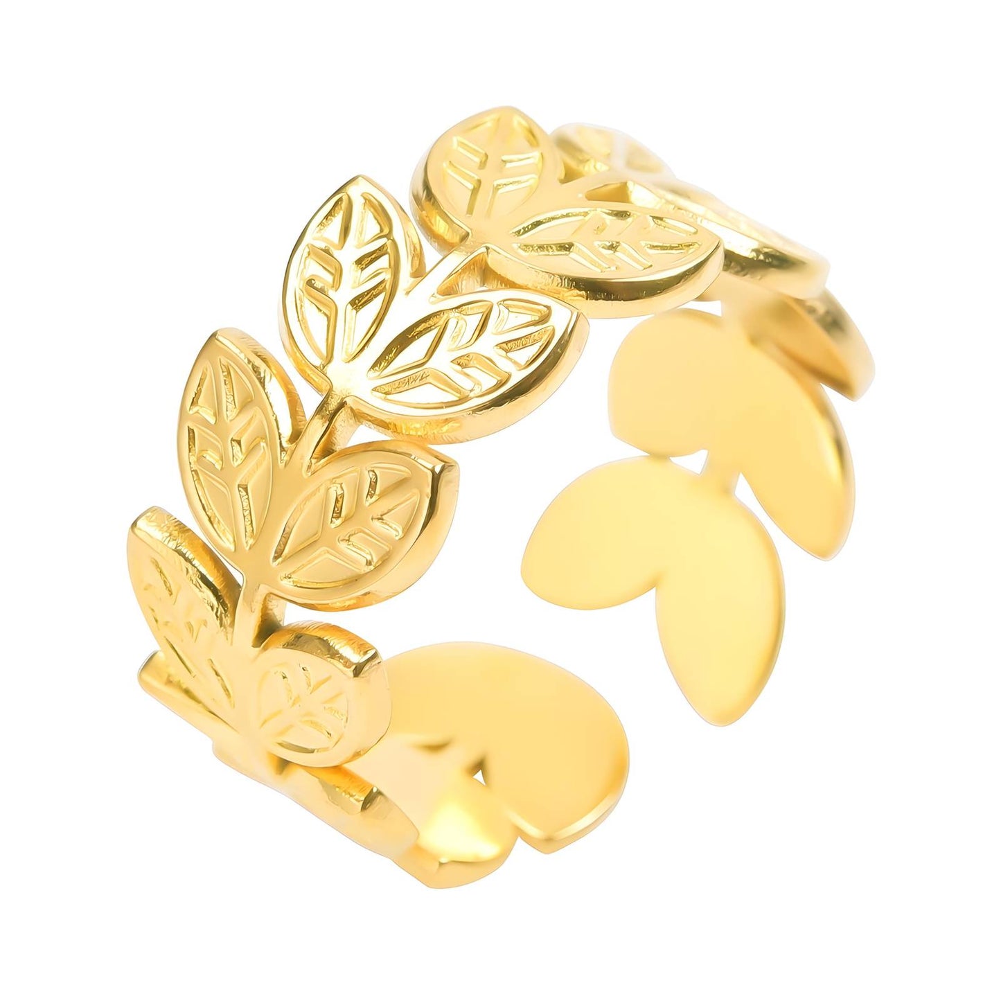 Leaves Adjustable Ring, 18K Gold Plated Steel