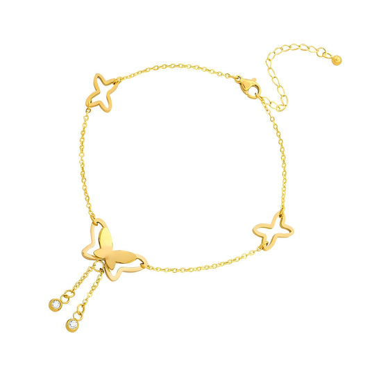 18K gold plated butterfly women's anklet waterproof stainless steel jewelry with adjustable design.
